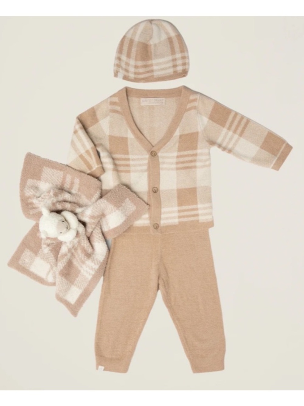 Barefoot Dreams CozyChic Ultra Lite Plaid Baby Set Cardigan Pants 3-6M Cream Tan